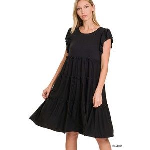 Zenana Black Ruffle Sleeveless Tiered Knee Length Dress Round Neckline Stretch